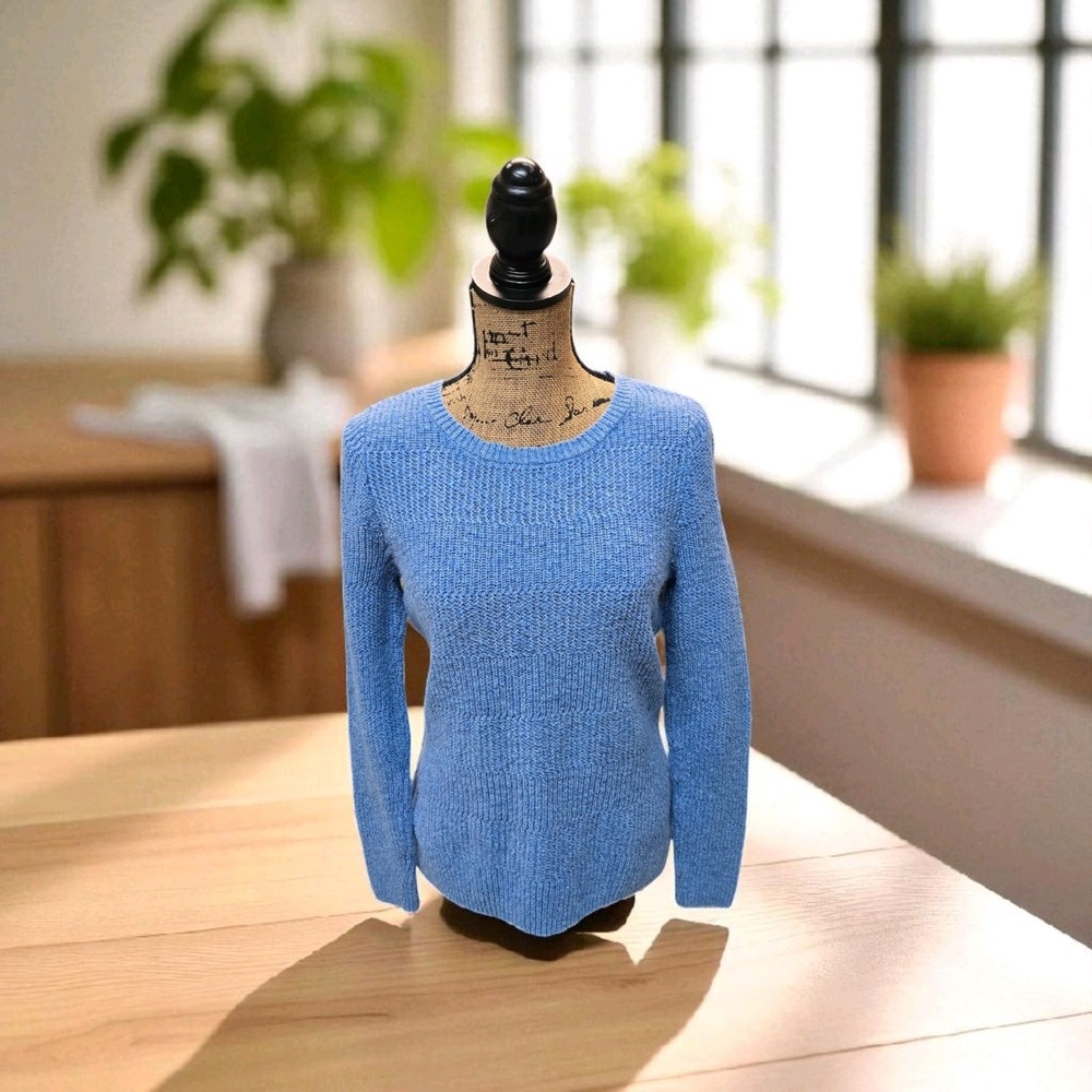 Vtg LL Bean Fisherman Sweater Chunky Cable Knit Crew Neck Cotton Blue Size S